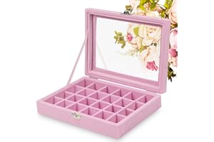 SUPPRUI Earrings Storage Organiser Velvet Jewellery Rings Display Box with Clear Lid Showcase for Home, Shop, Dressing Room （Pink-24 Grids