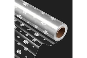 JIANTA Papier cadeau transparent Noël, 40 cm x 30 m Rouleau de Cellophane, Rouleau Plastique Transparent, Papier d'Emballage de Noël avec flocons de neige pour Cadeaux, Décoration DIY