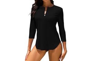 WOWENY UV Shirt Women's Swimming Shirt 3/4 Sleeve Rash Guard with 1/4 Zip UPF 50+ UV Protection Quick-Drying Swimming Shirt for Water Sports Surf Beach