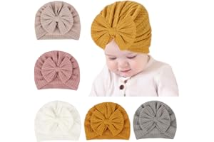 freesiom Lot de 4 Turban Bonnet Bébé Fille Garcon Naissance Coton Hiver Chuad Doux Chapeaux Bandeau Cheveux Noeud Elastique Serre Tête Accessoires Nouveau Né Baptême Cadeau 0-12 Mois