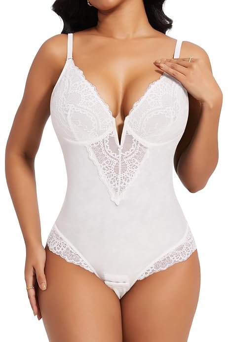 Niwicee Bodysuit Femme Gainant - Gaine Minceur Ventre Plat En Dentelle Élégante | Col V & Bretelles Réglables