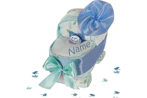 DUBISTDA -WINDELTORTEN- Dubistda© Poussette à couches pour garçon Bleu/Bavoir avec nom / 21 pièces