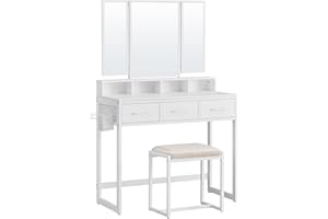 VASAGLE Toeletta con sgabello imbottito, tavolo da toeletta con triplo specchio, 3 cassetti, porta asciugacapelli, cosmetico stile moderno, bianco RVT004W14