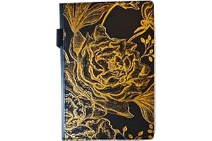 EJRange A5 Lined Notebook – Faux Leather Journal with Soft Cover, 192 Thick Pages, Pen Loop & Storage Pocket | Hardback Writing Notebook with Gold Rose Design, Ribbon & Elastic Closure (Black)