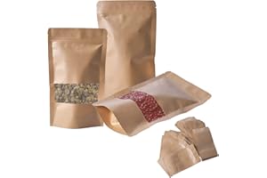 Pinsheng Kraftpapiertüten mit Sichtfenster 100 Stück, Papierbeutel mit Fenster Papiertüten Zip Druckverschlussbeutel Lebensmittelbeutel Papier für Nüsse Kaffeebohnen Teeblätter Gewürze (12 * 20cm)