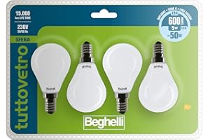 Beghelli - Lampadina LED TUTTOVETRO E14 Luce Fredda, Sfera 5W, 600lm, 6500K, Vetro Opale, Efficiente, Installazione Facile, Durata 15000 Ore - Colore: Luce Fredda, Quantità: 4 pz