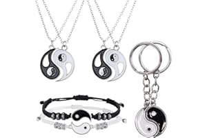 TAIZER Yin Yang Necklace Bracelet Set 8PCS Yin Yang Pendant Chain Tai Chi Pendant Couple Matching Adjustable Bracelet Cord Men Women Boyfriend Girlfriend Friendship Birthday Valentine Gift Souvenir