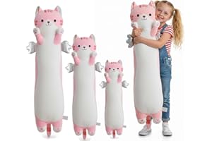 Kekeso Almohada Larga de Peluche Gato, Cojín Cuerpo de Gato Tierno con Alas, Peluche Kawaii Suave para Abrazar - Regalo para Niños en Navidad, San Valentín & Cumpleaños(Rosa, 90cm/35.43in)