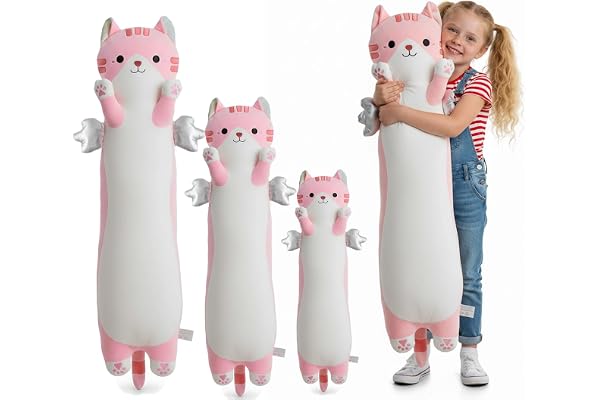 Kekeso Oreiller Peluche Chat Long, Coussin Corps Peluche Chat Mignon avec Ailes, Kawaii Douce à Câliner - Cadeau pour Enfants à Noël, Saint-Valentin & Anniversaire(Rose, 90cm/35.43in)