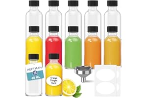 HEFTMAN Szklane butelki z pokrywkami, puste mini butelki 60 ml, z 3 lejkami i etykietami, wielokrotnego użytku, przezroczyste, hermetyczne, idealne do soków, olejów, alkoholu, sosów, 12 szt