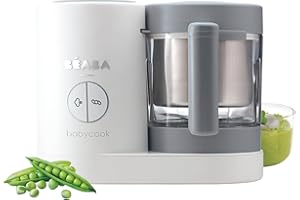 BÉABA Babycook Neo, Robot de cocina infantil, tritura, cocina y cuece al vapor, Rápido en 15 minutos, Recipiente de vidrio y cesta de acero inoxidable, Para Bebés y Niños, Gris/Blanco