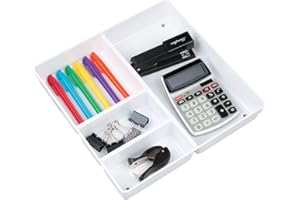 mDesign Organizador de escritorio con 4 compartimentos – Organizador de cajones para lápices, bloc de notas, clips, etc. – Bandeja organizadora de plástico para el escritorio o los cajones – blanco
