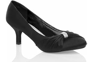 STYLO ONLINE Women’s Satin Low Kitten Heel Court Shoes – Diamante Buckle Bridal Bridesmaid Prom Party Heels for Wedding- UK Sizes 3-8