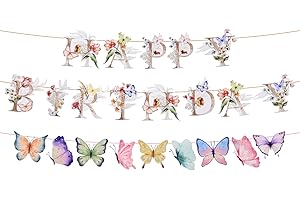 LASUROA Pancarta Cumpleaños Flores Mariposas, Kit de Pancarta Cumpleaños Hadas Jardín Flores Silvestres Decoración para Fiestas Primavera para Mujeres Niñas Baby Shower Fiestas Bricolaje
