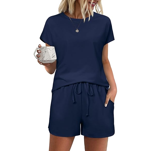 Bresdk Damespyjama met katoen, zomer, pyjama's voor dames, tweedelige pyjama met ruches en trekkoord, Donkerblauw, S Bresdk Damespyjama met katoen, zomer, pyjama's voor dames, tweedelige pyjama met ruches en trekkoord, Donkerblauw, S
