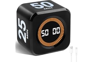 Cuteefun Cubo Temporizador Visual, Pomodoro Timer Rotativo, 5/10/30/60 Minutos y Cuenta Atrás Personalizada, Modo Silencio y Timbre, Alerta Sonora Ajustable para Cocina, Estudio, Reunión, Negro