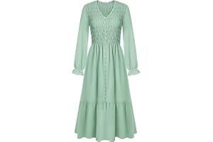 GRACE KARIN Robe Décontractée Femme Robe Longue Smockée col V Ligne A Volants avec Poches