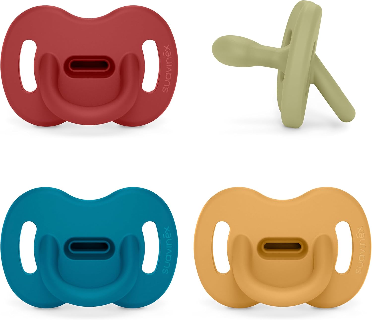 Suavinex, Pack 4 Chupetes Todo Silicona, para Bebés 0/6 Meses, Chupete con Tetina Fisiológica SX Pro, Súper Blandito y Flexible, Ideal para Dormir. Honey, Lake, Ocean, Chili