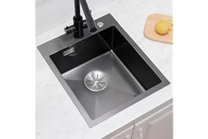 Sofetiy Kitchen Sink, Black, 40 x 48 cm, Kitchen Sink with Siphon, Stainless Steel Square Kitchen Sink for Base Cabinets from 40 cm Wide, Small Built-in Sink, Stainless Steel Sink 1 Bowl