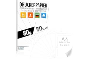 ‎ELES VIDA Druckerpapier A4 80g weiß – 50 Blatt - PREMIUM PAPIER Reinweiß - DIN A4-21 x 29,7 cm - Kopierpapier, Laserdrucker & Tintenstrahl für Uni, Fotografie, Präsentationen Ideal für Büro & Office - 50 BLATT