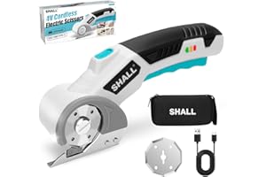 SHALL 4V Cordless Electric Scissors with Safety Lock, LED Light & Replacement Blade – Rechargeable Rotary Cutter for Fabric, Leather, Carpet, Cardboard and Plastic - White & Blue