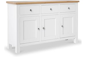 RoselandFurniture Farrow White Sideboard for Living Room Large Storage Cabinet with Oak Top | Fully Assembled Painted 3 Door Solid Wooden Cupboard with 3 Drawers for Hallway or Dining Room