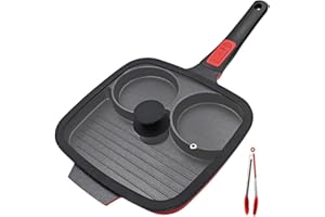 Bobikuke Poêle à Frire 3 Trous avec Couvercle 26 x 24 cm, Poêle à œufs au plat avec Poignée Amovible, Poêle Grill Antiadhésive 3 en 1 pour Petit-déjeuner