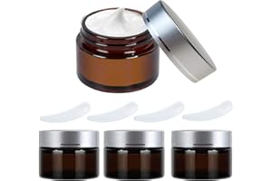 ODOOKON 4 Pièces 50g / 50ml Contenant Cosmétique Vide verre Transparente Petite Pots avec Mini Spatule, bouteille en verre marron pour Crème/Échantillons/Poudre/Lotion, Pots en Verre Ronds