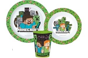 OM SUPPLIES Minecraft Microwave Safe 3pcs Cartoon Character Dinner Tableware Set Plate, Bowl & Cup, BPA Free re-usable Plastic (Minecraft 1)