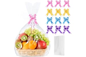 PECEHOM Large Cellophane Bags for Hampers with Pull Bows, 12Pcs (70CMx52CM/27.6 x 20.5 inches) Clear Cellophane Wrap Bags for Gift Baskets Hamper Making Easter Valentine's Day Gift Presents Packaging