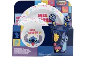 GOLDDUNES Microwave Safe 5pcs Character Animation 2023 Cartoon Dinner Tableware Set Plate, Bowl, Cup, Fork, Spoon BPA Free re-usable Plastic (Stitch)