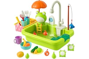 Toyana 30 PCs 2 in 1 Play Sink with Running Water Tap & Fishing Game, Electric Faucet, Plastic Fruits Veggies, Kitchen Utensils Accessories Set, Pretend Play Dishwasher Gift Toy for Toddlers Ages 3+