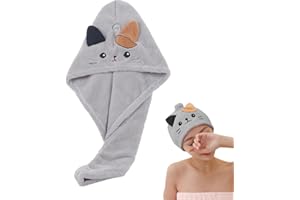 HAMKU Turbante per Capelli, Asciugatura Rapida, in Microfibra, Super Assorbente, Morbido, Anti-Crespo, Asciugamano per Capelli Donna, Chiusura con Bottone, Tema Gatto, Grigio, 1 pezzo