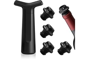 FBBULES Kit de Bomba Vacio de Vino con 1 Bomba de Vacío y 4 Tapones con Anillo de Marca de Fecha, Silicona - Negro
