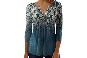 ABYOVRT Elegancka bluzka damska, dekolt w serek, rękaw 3/4, tunika, top, luźna bluzka w kwiaty, Henley, długa koszulka w luźnym stylu, koszulka z długim rękawem, S-XXL