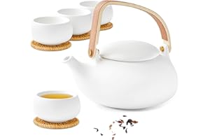 ZENS Theiere avec infuseur, Théière en japonaise avec 4 tasse pour le thé en vrac, blanc céramique Théière avec filtre en acier inoxydable 304 pour les fleurs Thé, manche en bois moderne