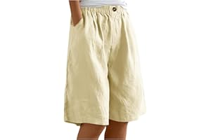 Keepink Linen Shorts for Women UK Knee Length Bermuda Shorts Elastic Waist Summer Shorts Baggy Straight Wide Leg Shorts Ladies Long Shorts Casual Beach Shorts with Pockets Sale