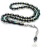 Beyisa &Ccedil;ift Renkli Yeşil Sarı S&uuml;rmeli Kehribar Tesbih Metal P&uuml;sk&uuml;ll&uuml; Misbah Misbaha Rosary Zikr