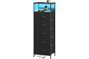 Somdot Tall Chest of Drawers for Bedroom with Charging Station and LED Light, 5 Drawers Storage Unit with 2 Outlets and 2 USB Ports for Kids Dorm Living Room Closet, Black
