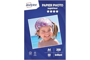 AVERY - 50 feuilles de papier photo 200g/m² brillant. Format A4. Impression jet d'encre.