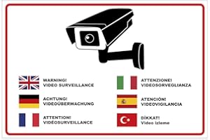GESCHENKE-FABRIK Cartello multilingue "Attenzione! videosorveglianza” in alluminio/Dibond 300 x 200 mm – 3 mm di spessore