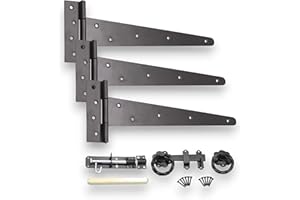 Infinity Decor 14” Tee Hinges (3) Garden Gate kit Twisted Ring Latch and Brenton Bolt Wooden Gate Fittings Kit Epoxy Black - for Barn, Shed Doors, Garage Gate