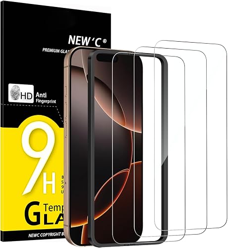 NEW'C for iPhone 17, 17 Pro, iPhone 16 Pro (6.3 inches), Tempered Glass, Free from Scratches, 9H Hardness, HD Screen Protector, Ultra Clear, Ultra-Resistant, Easy Installation Tool Included Pack of 3