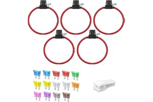ULIWAMOWI Kit 5 Portafusibles Impermeable, 12/16 AWG Portafusibles en Línea con Una Gorra, Standard Portafusibles Impermeable 32V 20A con Cables, Incluye 14 Fusibles Estándar ATO/ATC 10A y Extractor de Fusibles