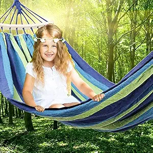 Jukmen Garden Hammock With Wooden Spread Bars And Carry Bag, Portable Canvas Striped Breathable Hammocks Perfect For Patio Yard Outdoors