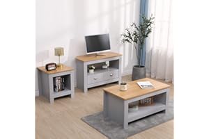 Homemade Deisgn FurnitureHMD Living Room 3 Piece Set TV Cabinet 2 Doors TV Stand Lift-up Top Coffee Table with Hidden Compartment Lamp Table Small Side Table (Set C)