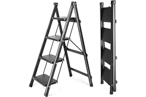 CAMPSOR 4 Stufen Alu-Sicherheits-Stehleiter, Trittleiter mit Anti-Rutsch-Pedal, 150 KGS Kapazität, Tragbare Stabile Hocker Treppe, Mehrzweckleiter-Ständer für Haushalt und Büro, Schwarz