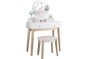 CASART Dressing Table Vanity Set, Modern Makeup Desk with Stool, Adjustable LED Lighted Mirror and 4 Drawers, Cosmetic Dresser Furniture for Bedroom Dressing Room (White Table)