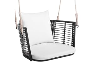 COSTWAY Fotel wiszący, rattanowy, obciążenie do 180 kg, fotel wiszący z poduszkami, metalową ramą i linami wiszącymi, fotel bujany, na werandę, do ogrodu, na podwórko (biały)
