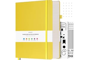 ‎OFFIGIFT OFFIGIFT Bullet Dotted Journal, großes A4-Hardcover-Leder-Tagebuch, 312 nummerierte Seiten, dickes Tagebuch, 100 g/m², kein Ausbluten, Punktraster, Notizbuch für Damen und Herren, 21,6 x 27,9 cm, Gelb